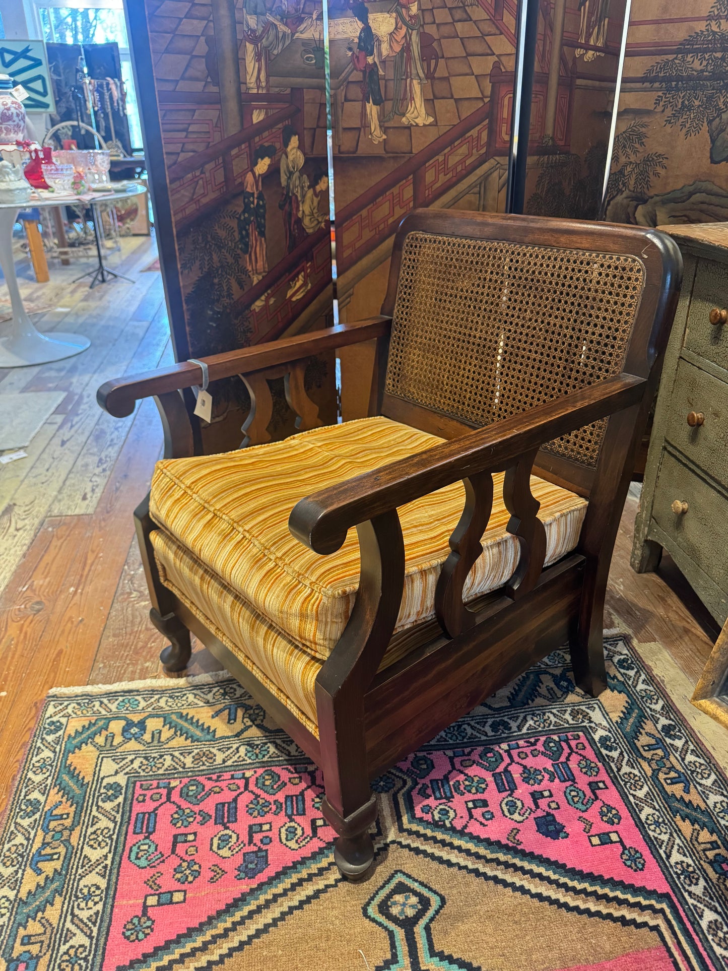 Cane Backed Chair with Corduroy Cushion