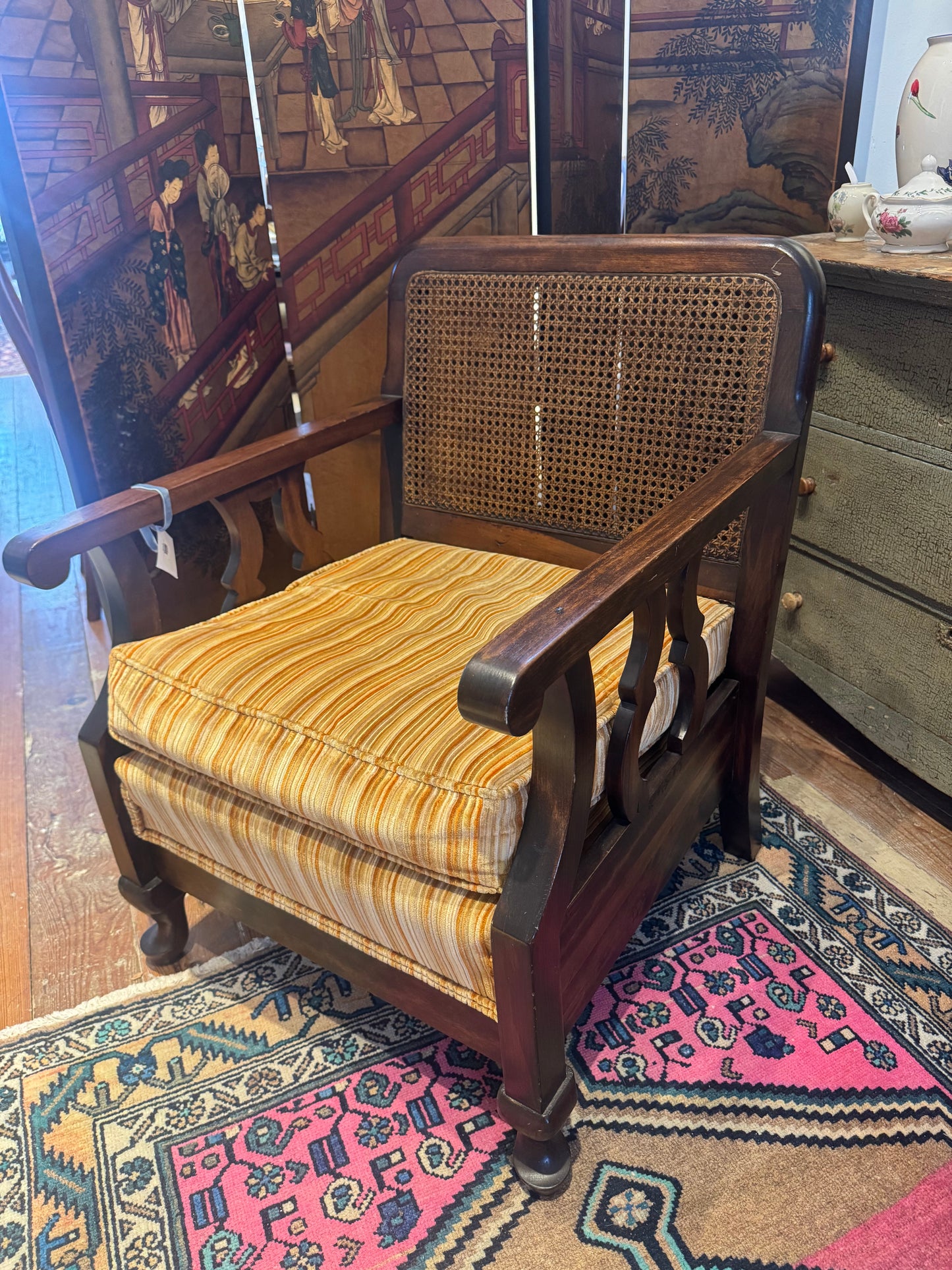 Cane Backed Chair with Corduroy Cushion