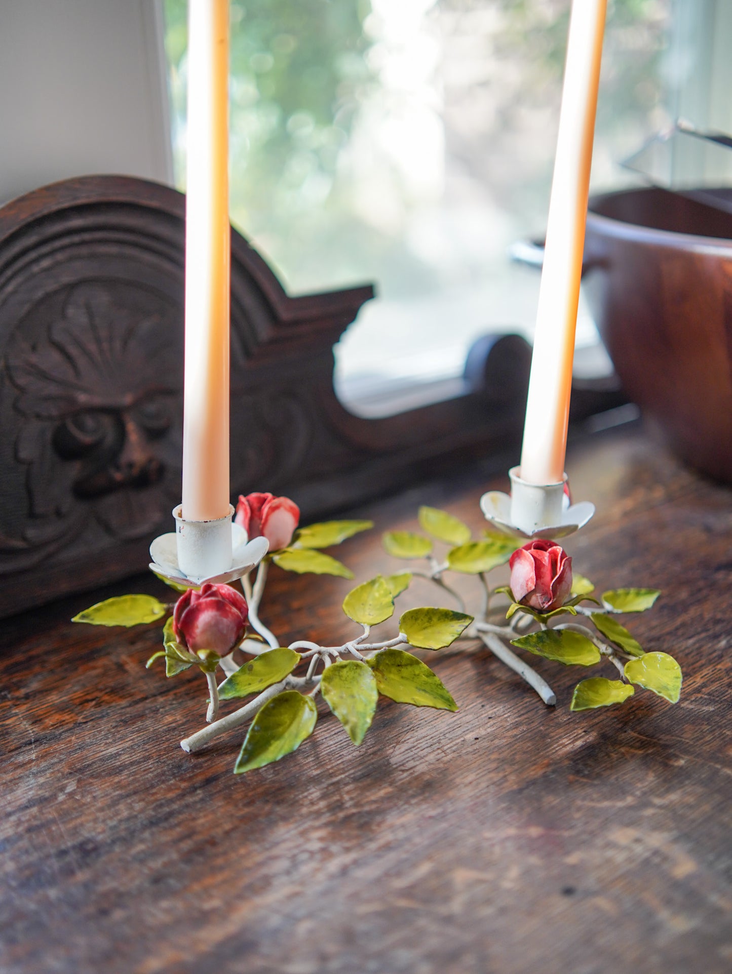 Vintage Italian Tole Floral Candlestick - double