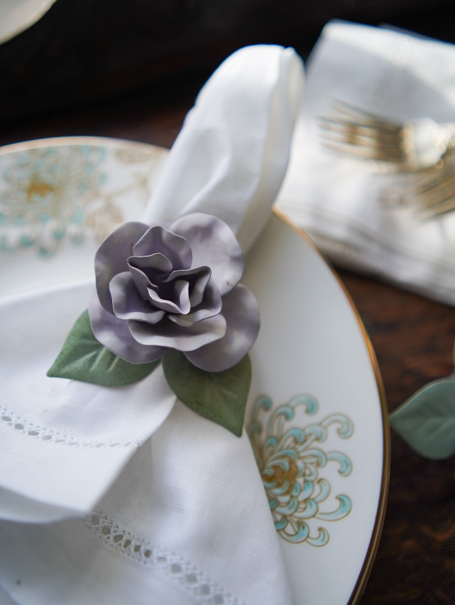 Set of 6 Vintage Lilac Tole Floral Napkin Rings